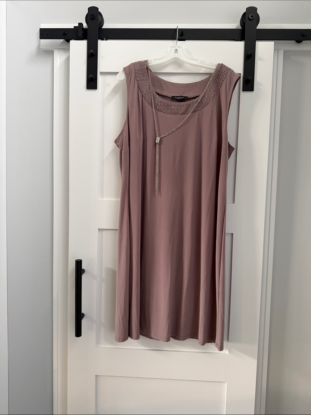 R & M Richards Mauve Sleeveless Midi Dress with Beaded Neckline